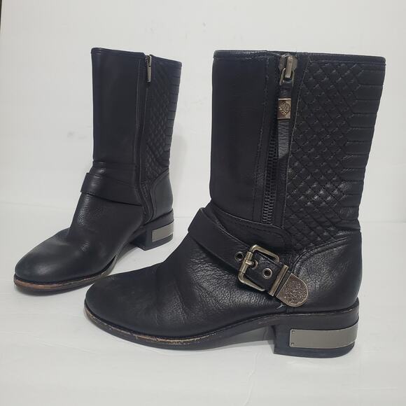 Vince Camuto "Whynn" Black Motorcycle Boots Silver Hardware Sz 8 Combat Leather - Picture 2 of 14